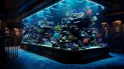 Plan a virtual aquarium room with lifelike fish and coral reefs