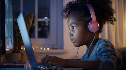 Cute black little girl with wireless headphones using laptop at home sitting on window and looking at screen typing on computer keyboard playing video games on computer copy space : Generative AI - obrazy, fototapety, plakaty