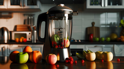 Background image of chrome blender on kitchen counter with fruits copy space : Generative AI