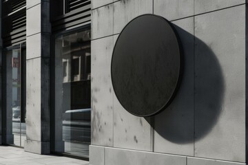 a circular black sign hanging on the side of a building