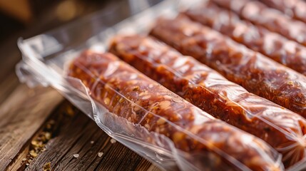 A variety of sausages wrapped in plastic packaging placed on a rustic wooden table
