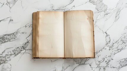 Old opened book with blank pages on white marble background. Top view. Mockup old book
