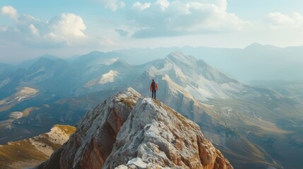 A lone hiker stands triumphantly on the summit of a mountain, overlooking rugged terrain