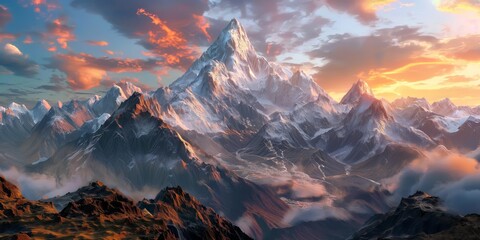 A spectacular mountain range bathed in the warm glow of the setting sun, showcasing the beauty of nature - obrazy, fototapety, plakaty