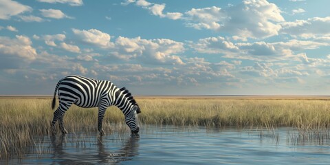 Serene image of a zebra quenching its thirst at a waterhole on the African savannah - obrazy, fototapety, plakaty