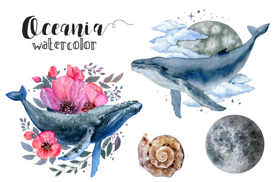 Watercolor whales, shells, flowers, and moon in electric blue art