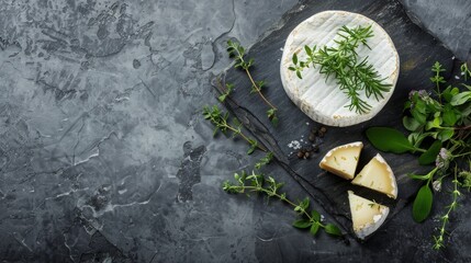 Obraz na płótnie Canvas A piece of rich, creamy Brie cheese topped with fragrant herbs on a slate background. Perfect for gourmet appetizers or cheese boards