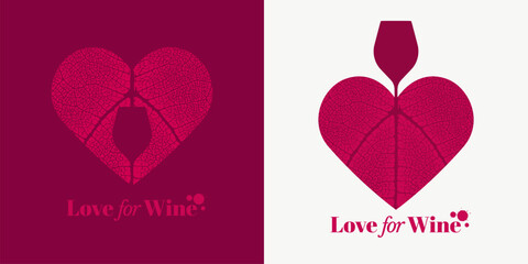 heart shape with red vine leaf texture with wine glass icon.