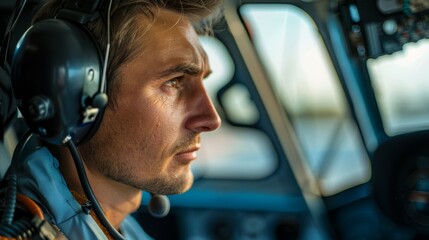 A man, focused and concentrated, sitting in the cockpit of a plane while wearing a headset