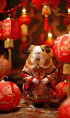 A guinea pig dressed in traditional attire stands among red Chinese lanterns