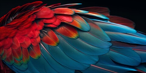 Richly detailed feathers of a macaw in a close-up with a blend of red, blue, and green hues showcasing the bird's natural beauty
