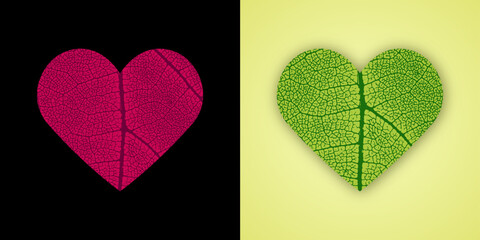 Heart shape with red and green leaf texture. Vector illustration