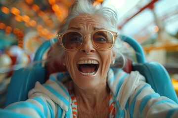 Elderly woman enjoying a thrilling roller coaster ride. - Powered by Adobe