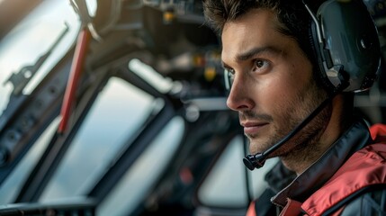 A man wearing a headset sits in the cockpit of a plane, focused on a specific section with a...