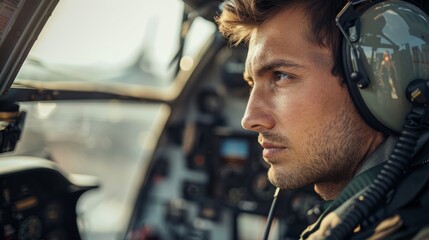 A focused man sits in the cockpit of a plane, concentrating intently on a particular section of the aircraft - obrazy, fototapety, plakaty