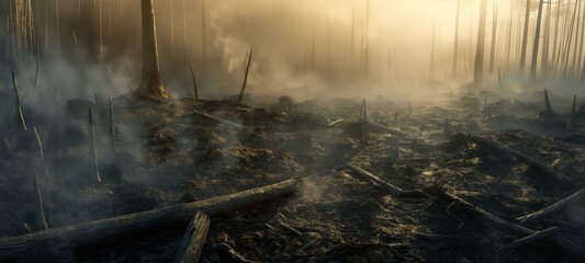 Solemn aftermath of a wildfire in a forest captured in misty conditions, highlighting nature's resilience and renewal - obrazy, fototapety, plakaty
