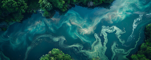 Water pollution by blooming blue-green algae on river. generative ai