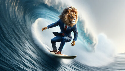 サーフボードで波に乗るスーツを着たライオン