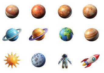 3d Space icon set. Space objects astronaut stars telescope rocket