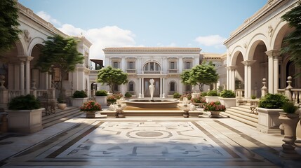 Renaissance Palazzo Courtyard:  a Renaissance palazzo courtyard with marble sculptures, arched colonnades, and frescoed ceilings, offering a splendid outdoor space for lavish gatherings and events
