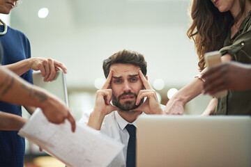 Stress, chaos and business man with headache for documents, report and office crisis, risk or...