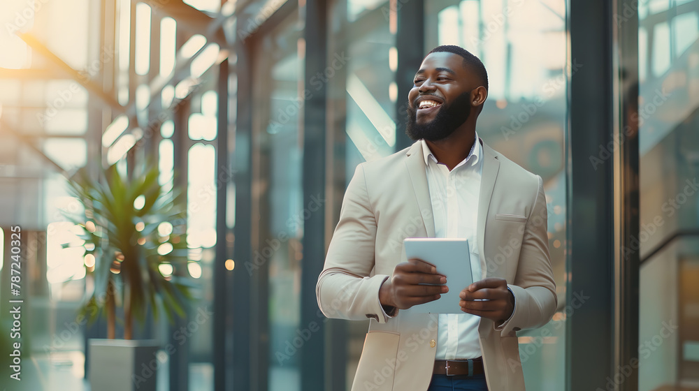 Aufkleber cheerful young bearded african american man manager walking by office building corridor holding mode