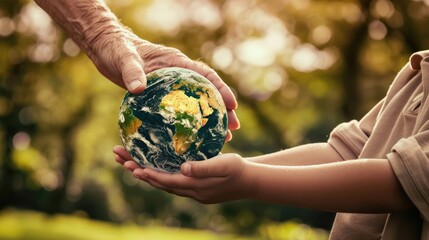 environmental protection and care of the planet. Old senior hands giving Earth globe to a young child. Earth Day environment concept. save world