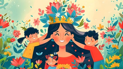 Mother Celebrated as Family Queen: Children's Floral Wreath Crown - obrazy, fototapety, plakaty