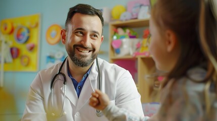 Pediatrician's Reassuring Smile in a Colorful and Inviting Clinic - obrazy, fototapety, plakaty
