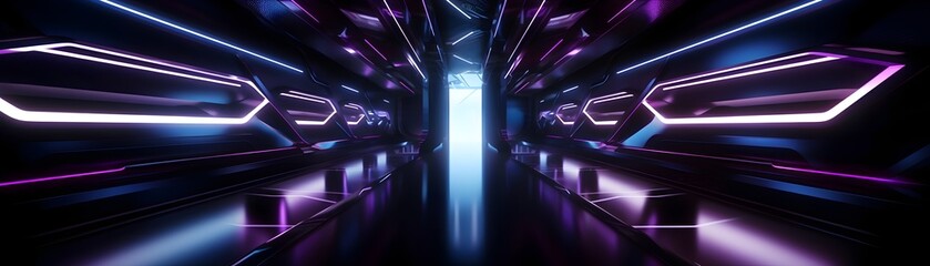 Captivating Futuristic Sci-Fi Corridor with Glowing Neon Lights in a Dark and Minimalist Architectural Setting