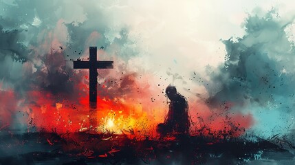 Man kneeling and praying in front of the cross. Digital watercolor painting