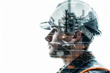 double exposure image of a young  engineer wearing helmet and manufacturer, white background.