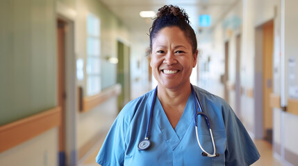 Portrait of smiling biracial female healthcare worker in hospital corridor copy space Hospital medical and healthcare services : Generative AI - Powered by Adobe