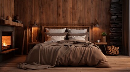 Rustic Copper Bedroom:  a warm and rustic bedroom with walls in muted copper tones, wooden furniture, and earthy textiles, evoking a cozy cabin-like atmosphere
