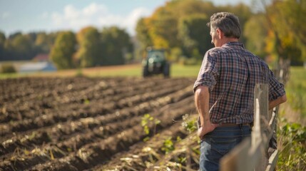 A middleaged man leans against a wooden fence taking a short break from plowing a field with trusty tractor. back is turned . . - obrazy, fototapety, plakaty