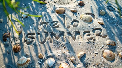 "hello SUMMER" written on white sand