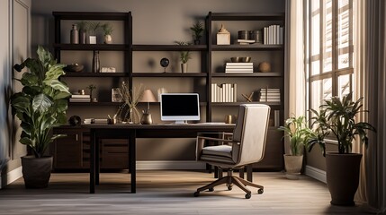 Sandy Beige Home Office: a productive home office with sandy beige walls, dark wooden furniture, and hints of black, promoting focus and productivity in a serene environment