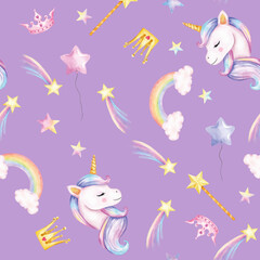 Seamless pattern. Watercolor unicorns pattern with rainbows and clouds. Cute watercolor 