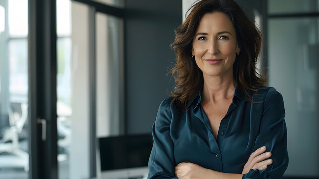 Confident attractive brunette mature woman posing in modern office holding arms crossed on chest and smiling at camera copy space Career success business job occupation : Generative AI