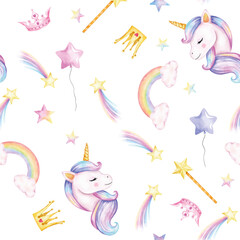Seamless pattern. Watercolor unicorns pattern with rainbows and clouds. Cute watercolor 