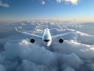 White airplane flying above clouds in the blue sky