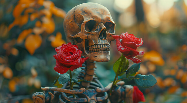 holiday of the dead, skeleton hands holding a beautiful flower