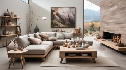 Modern living room interior with large sectional sofa, fireplace and panoramic mountain views