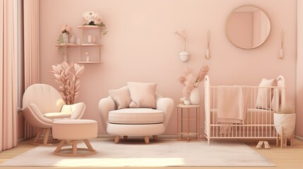 Fototapeta na wymiar Soft Blush Pink Nursery: a gentle nursery with blush pink walls, white crib and furniture, and hints of gold, creating a delicate and nurturing environment for the little one