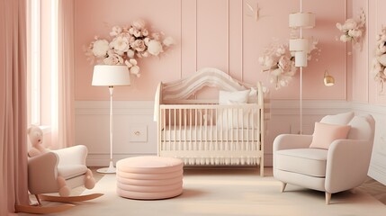 Soft Blush Pink Nursery:  a gentle nursery with blush pink walls, white crib and furniture, and hints of gold, creating a delicate and nurturing environment for the little one