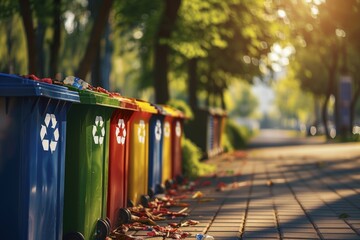 A row of colorful trash cans with recycling symbols. Generate AI image
