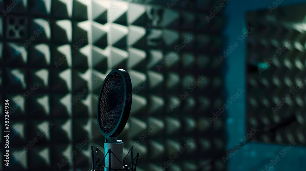 Poster Professional microphone with pop shield on the stand Recording studio with black noise cancelling wall : Generative AI
