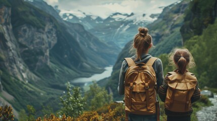 Mother and daughter with backpacks overlooking a valley mountain and river, happy bonding mom and young girl spend carefree holiday vacation hiking adventure outdoor trip, Family traveling activities - obrazy, fototapety, plakaty