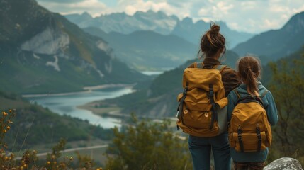 Mother and daughter with backpacks overlooking a valley mountain and river, happy bonding mom and young girl spend carefree holiday vacation hiking adventure outdoor trip, Family traveling activities