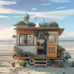 Design a small, charming beach house on a sandy beach.